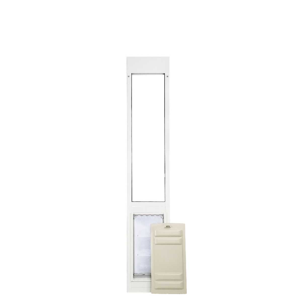 A white sliding glass door insert with a dog door and an off-white removable panel.