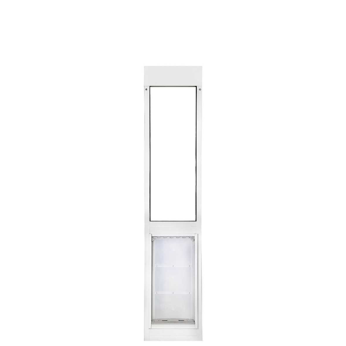 White sliding glass door insert with a pet door.
