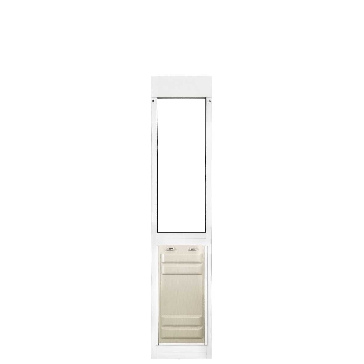 White sliding glass door insert with a pet door at the bottom.