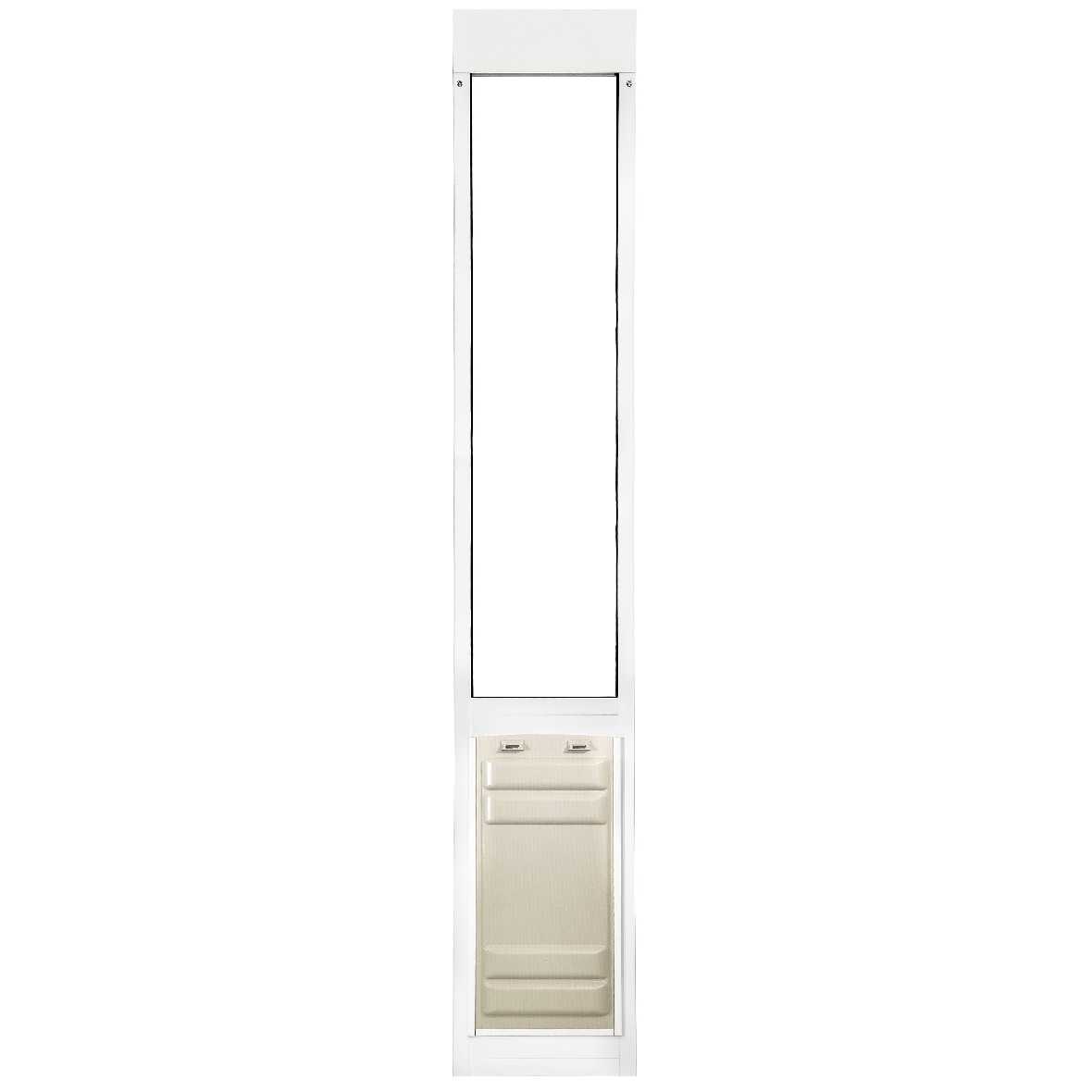 A white-framed dog door insert for a sliding glass door.