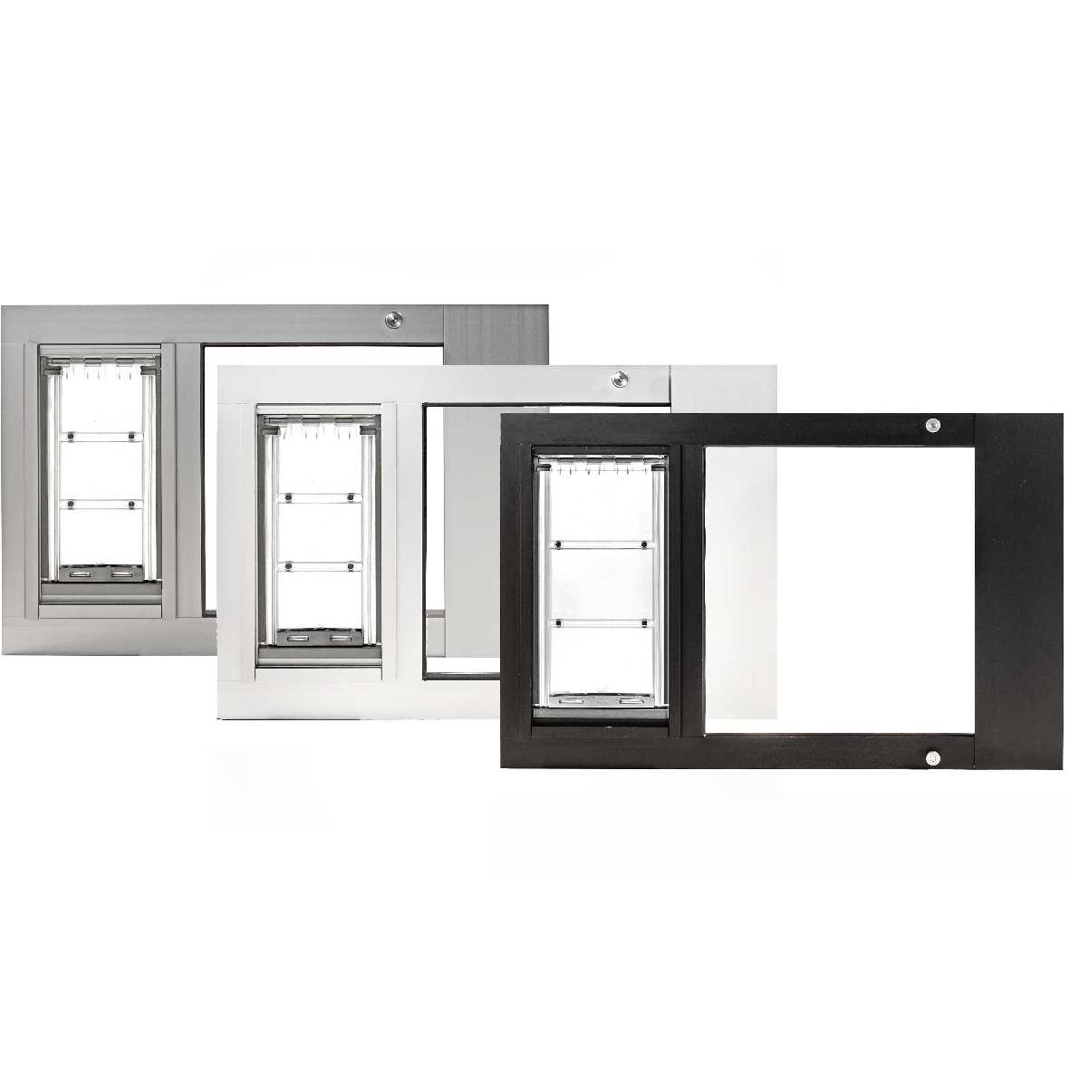 Three sliding glass door pet doors are displayed in gray, white, and black finishes.