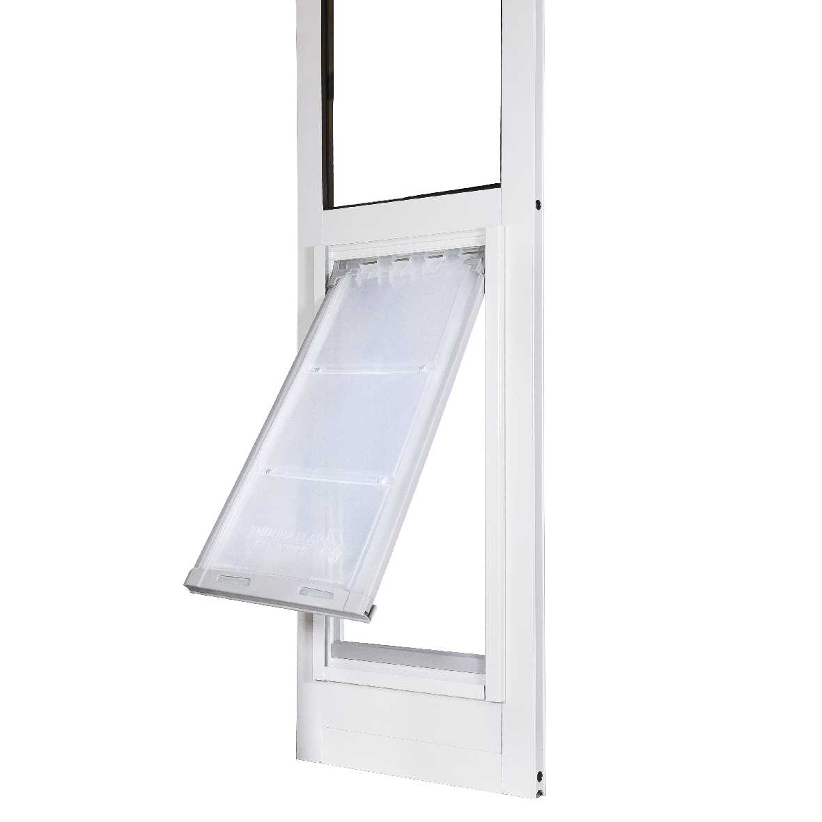 White-framed pet door with transparent flap.