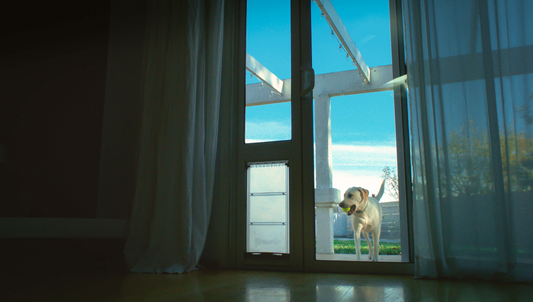 dog carrying ball and walking towards the endura flap pet door for sliding glass doors