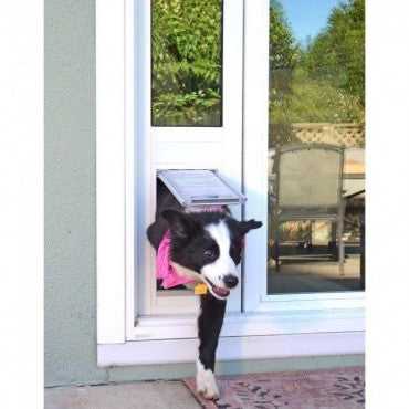 A black and white dog is going through a doggie door in a glass door.