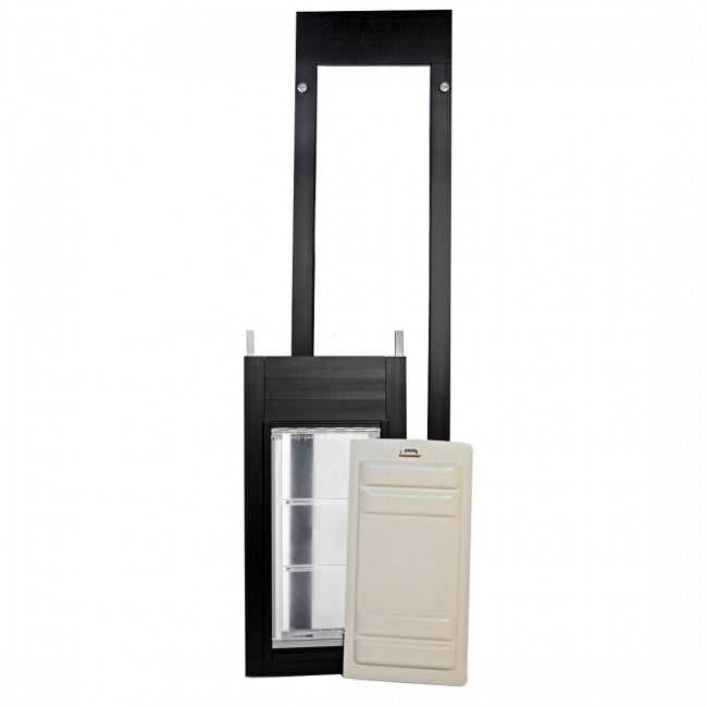 A pet door with an adjustable black frame, a clear flap, and a slide-in panel.