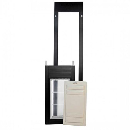 A black pet door with a light-colored closing panel stands against a white background.