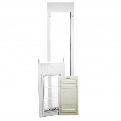 An open white pet door with frame and separate panel.