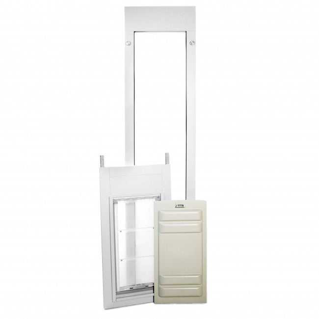The image shows a white pet door with a long frame, partially installed with a white panel next to it, all isolated on a white background.