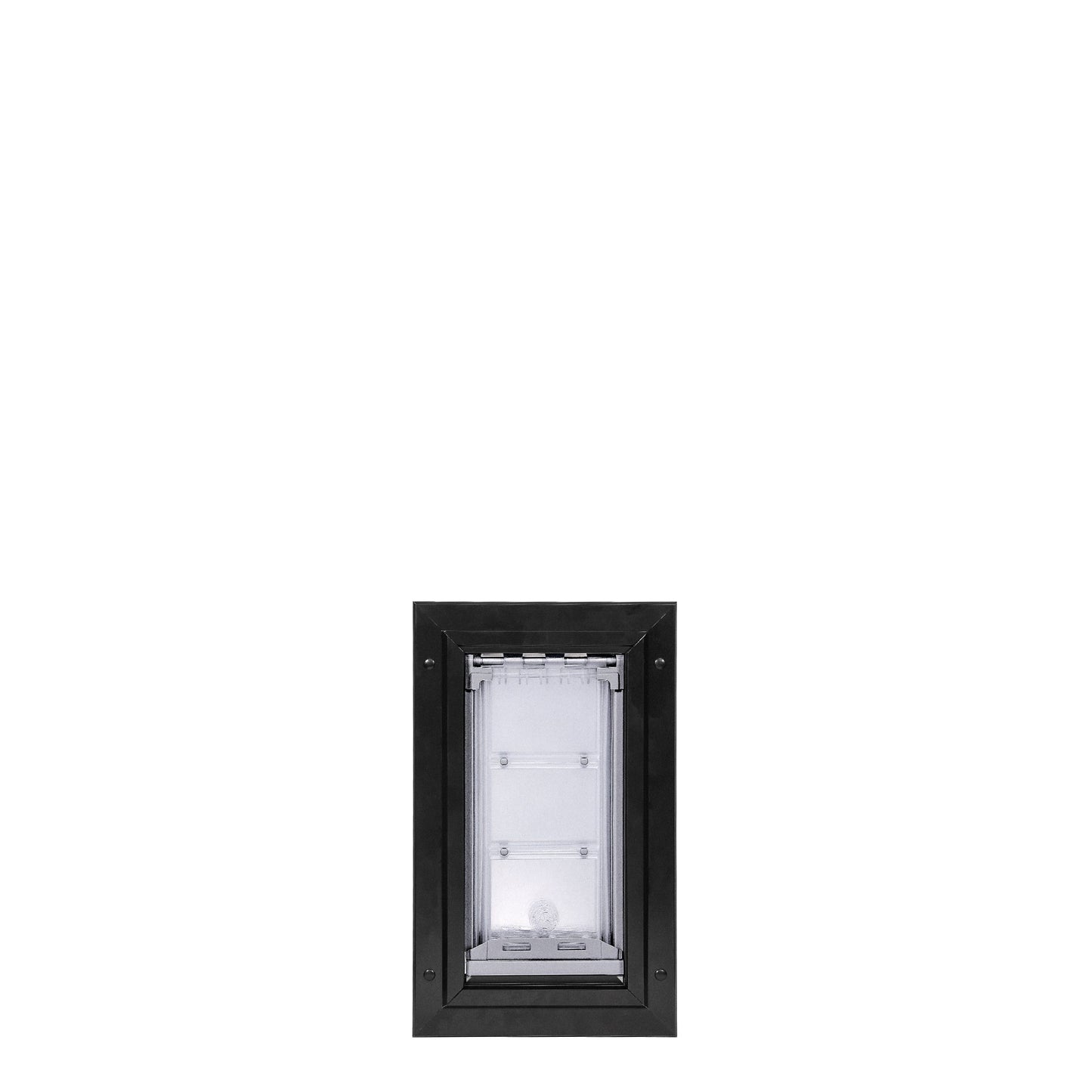 Black-framed pet door with clear flaps.