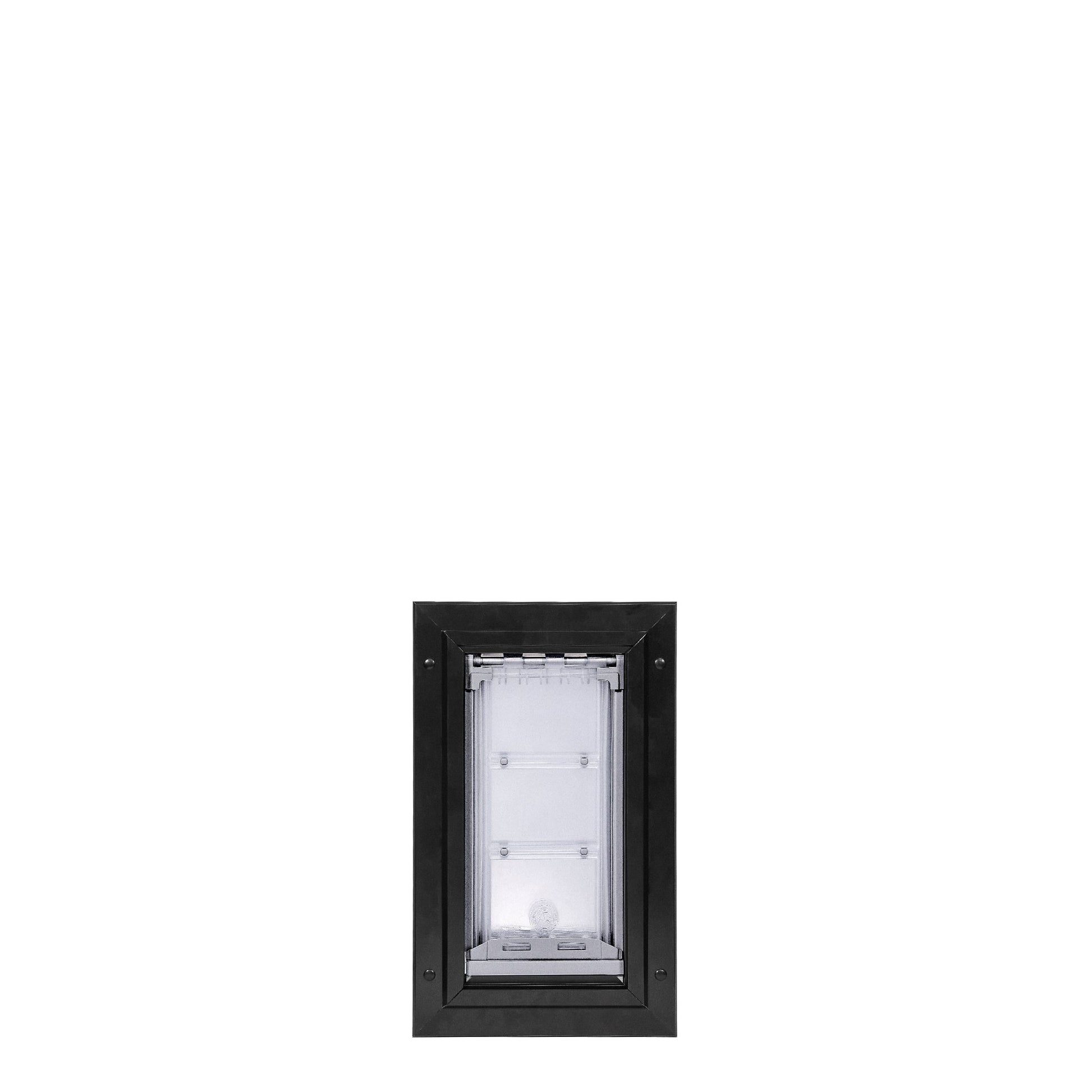 Black-framed pet door with clear flaps.