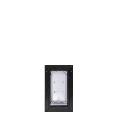 Black-framed pet door with clear flaps.