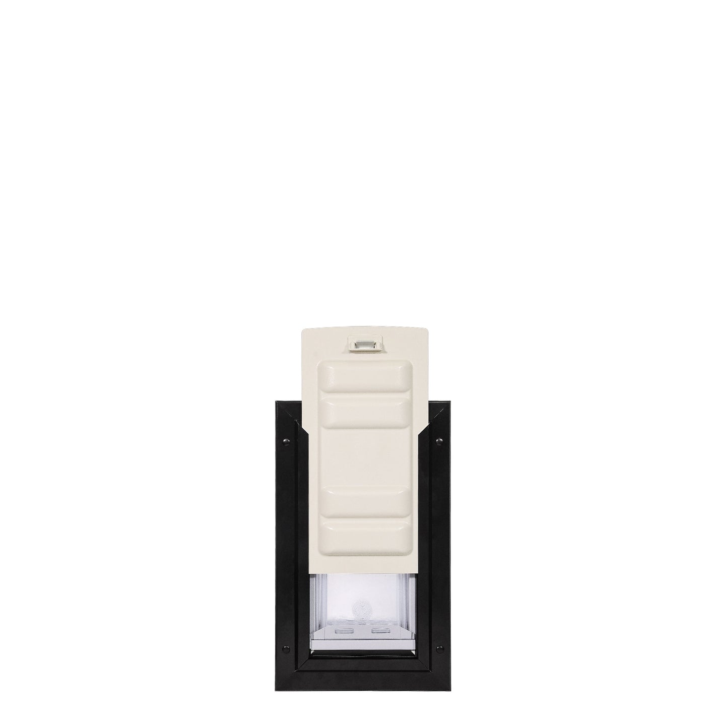 A pet door with a beige cover.