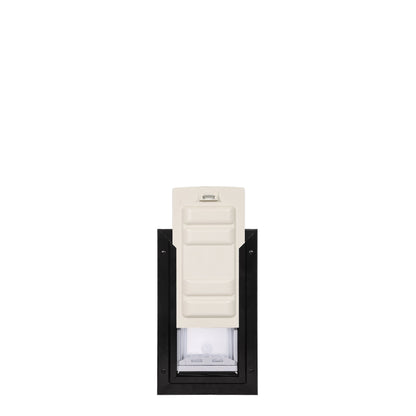 A pet door with a beige cover.