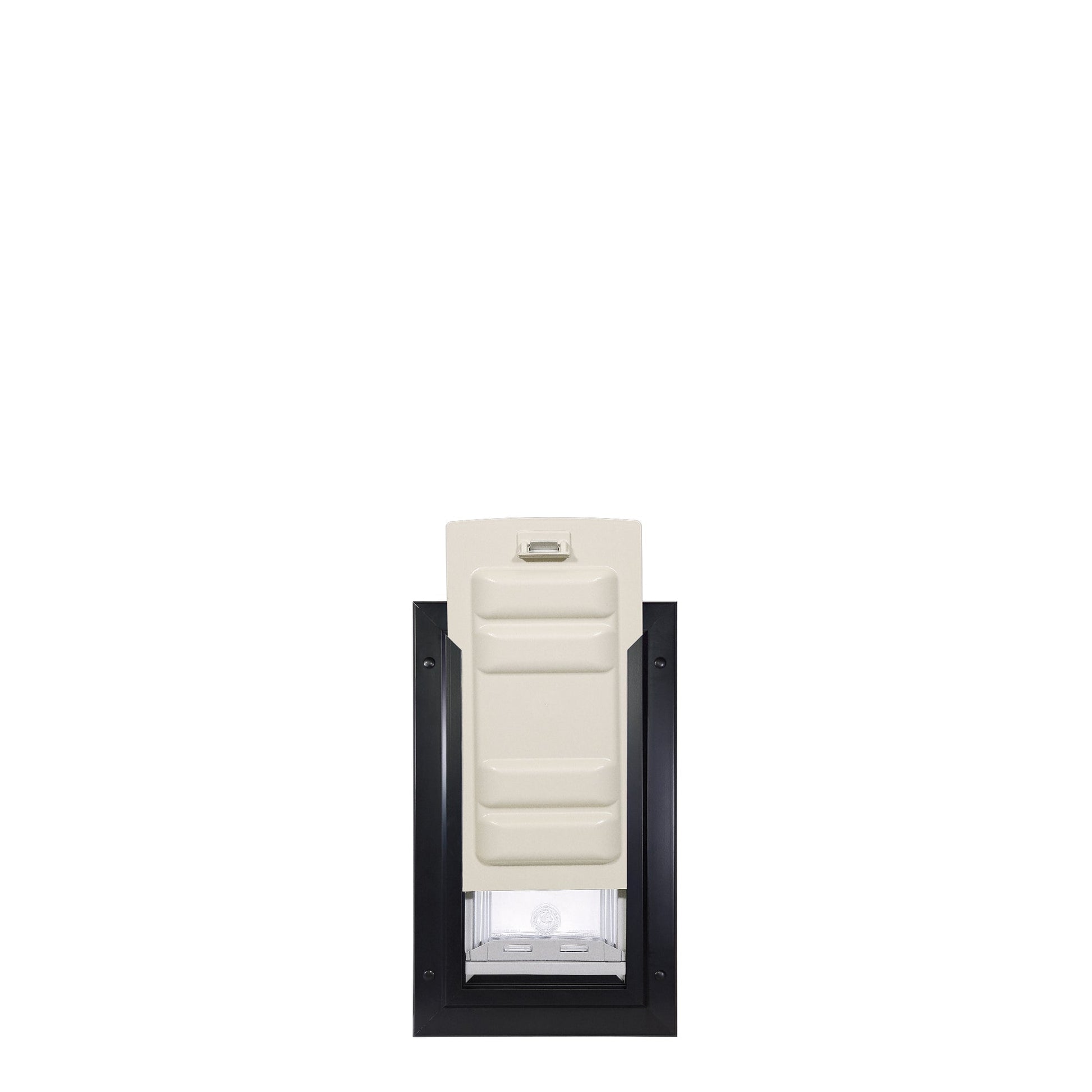 Pet door with a black frame and a closed, light-beige flap.