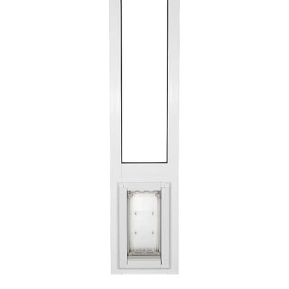 White pet door insert for a sliding glass door.