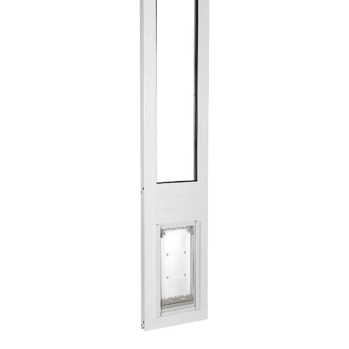 White sliding glass door insert with a pet door.