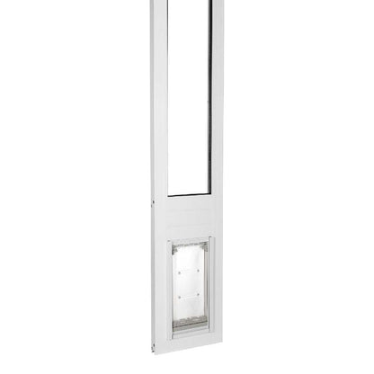 White sliding glass door insert with a pet door.