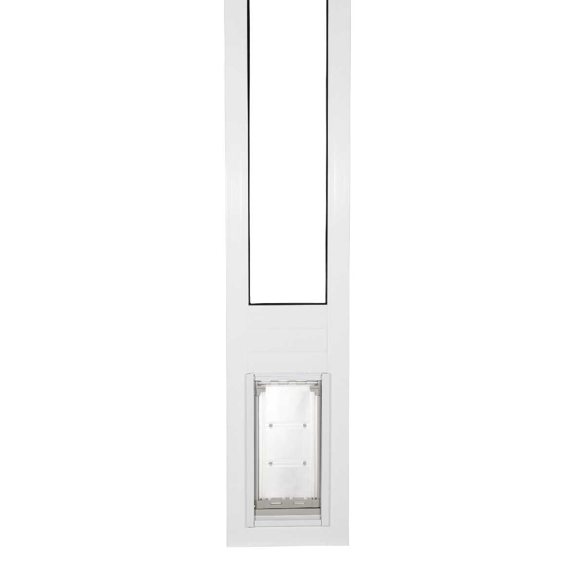 White patio door panel with a pet door.