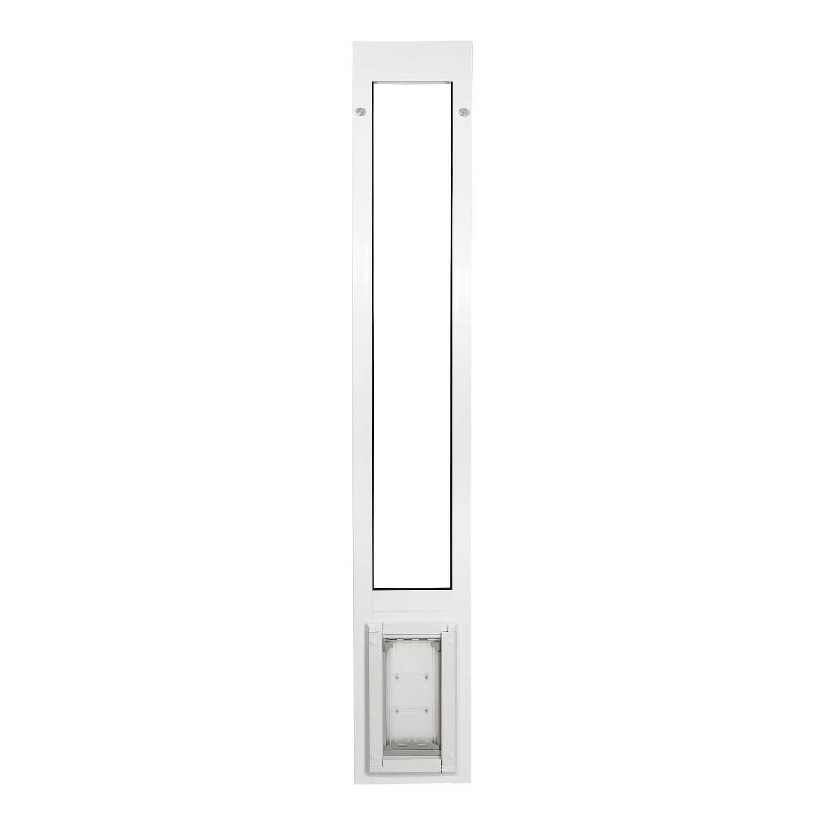 White sliding glass door insert with a pet door.