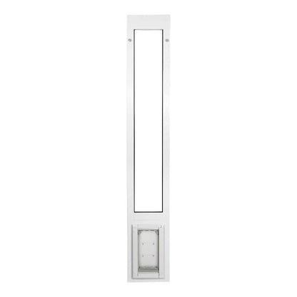 White sliding glass door insert with a pet door.