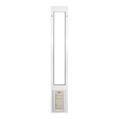 White pet door insert for a sliding glass door.