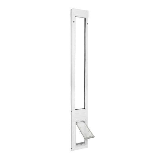 A white sliding glass door pet door insert with an open, clear flap._Color_White
