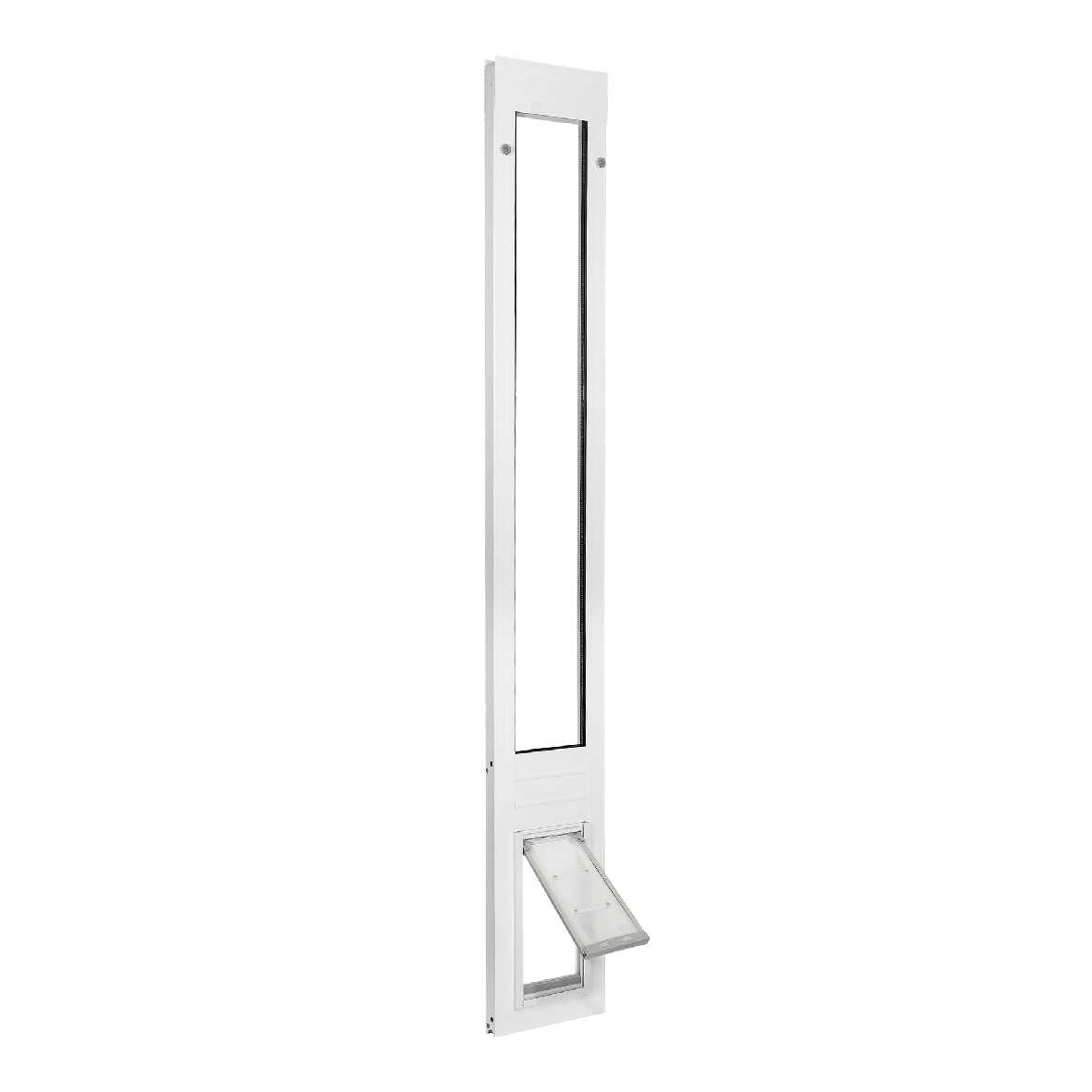 A white sliding glass door insert with a dog door.