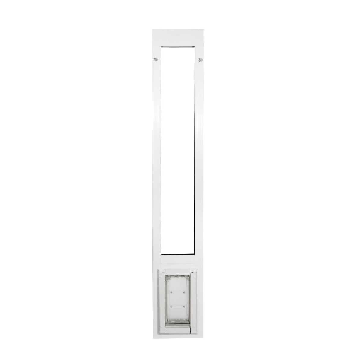 White-framed sliding glass door insert with a pet door.