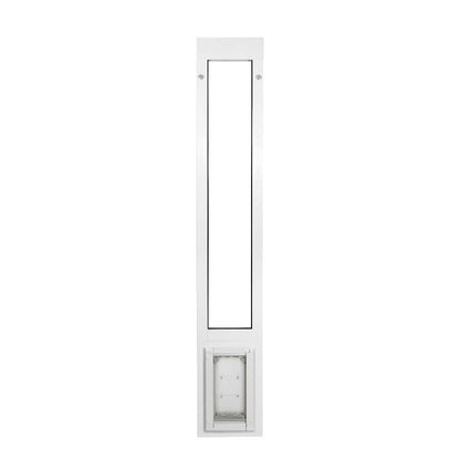 White-framed sliding glass door insert with a pet door.