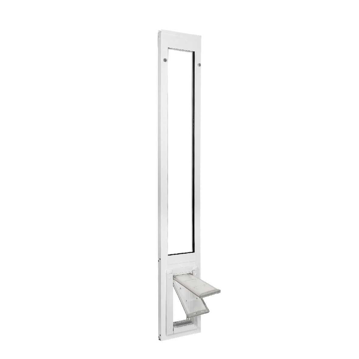 White patio door insert with a pet door.