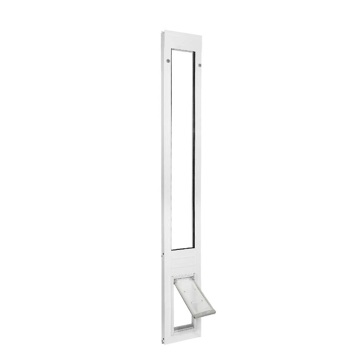 A white sliding glass door pet door insert with a clear pet door flap is shown.