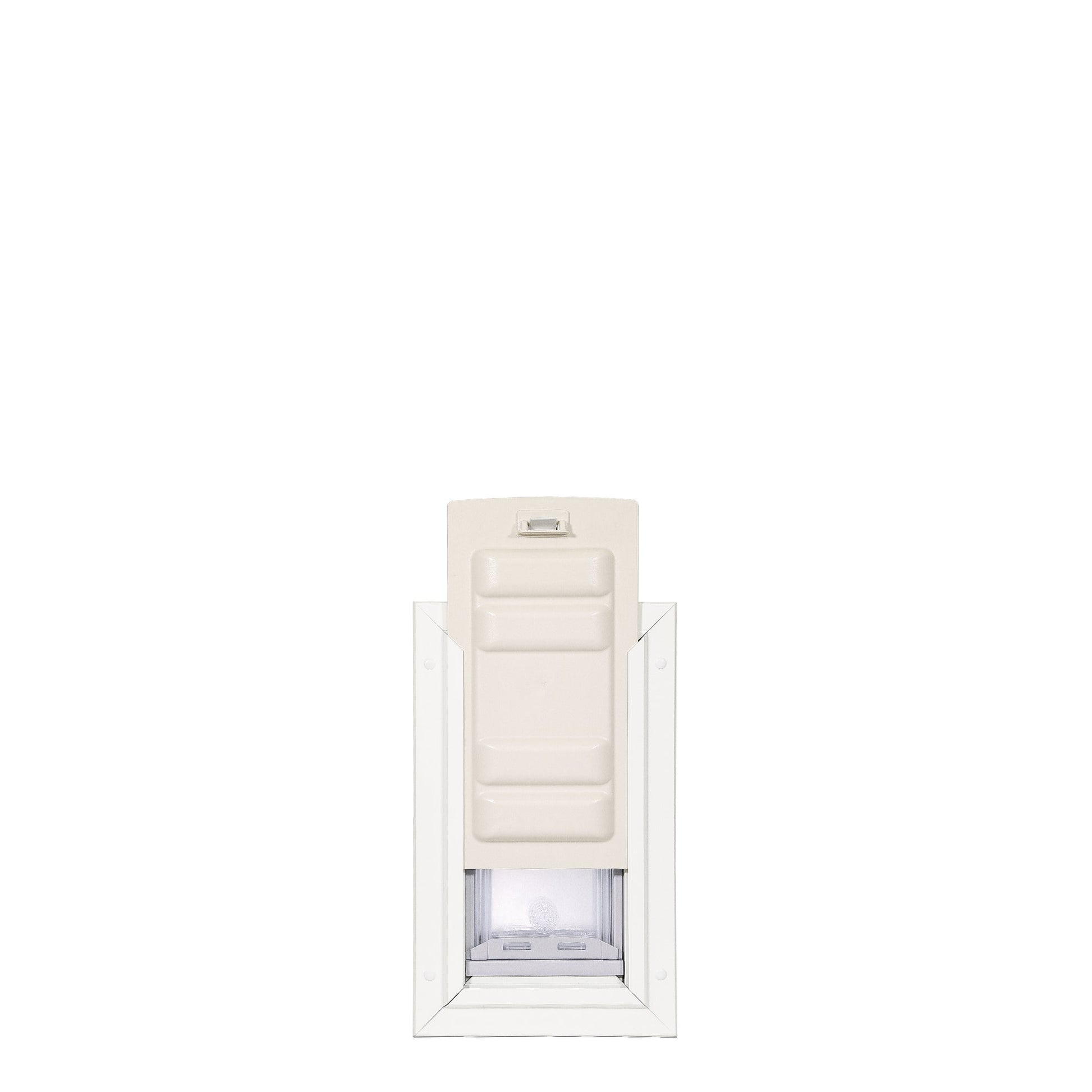 Dog door with white frame and cream-colored flap.