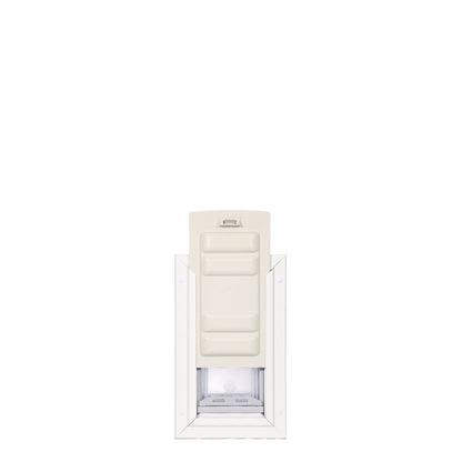 Dog door with white frame and cream-colored flap.