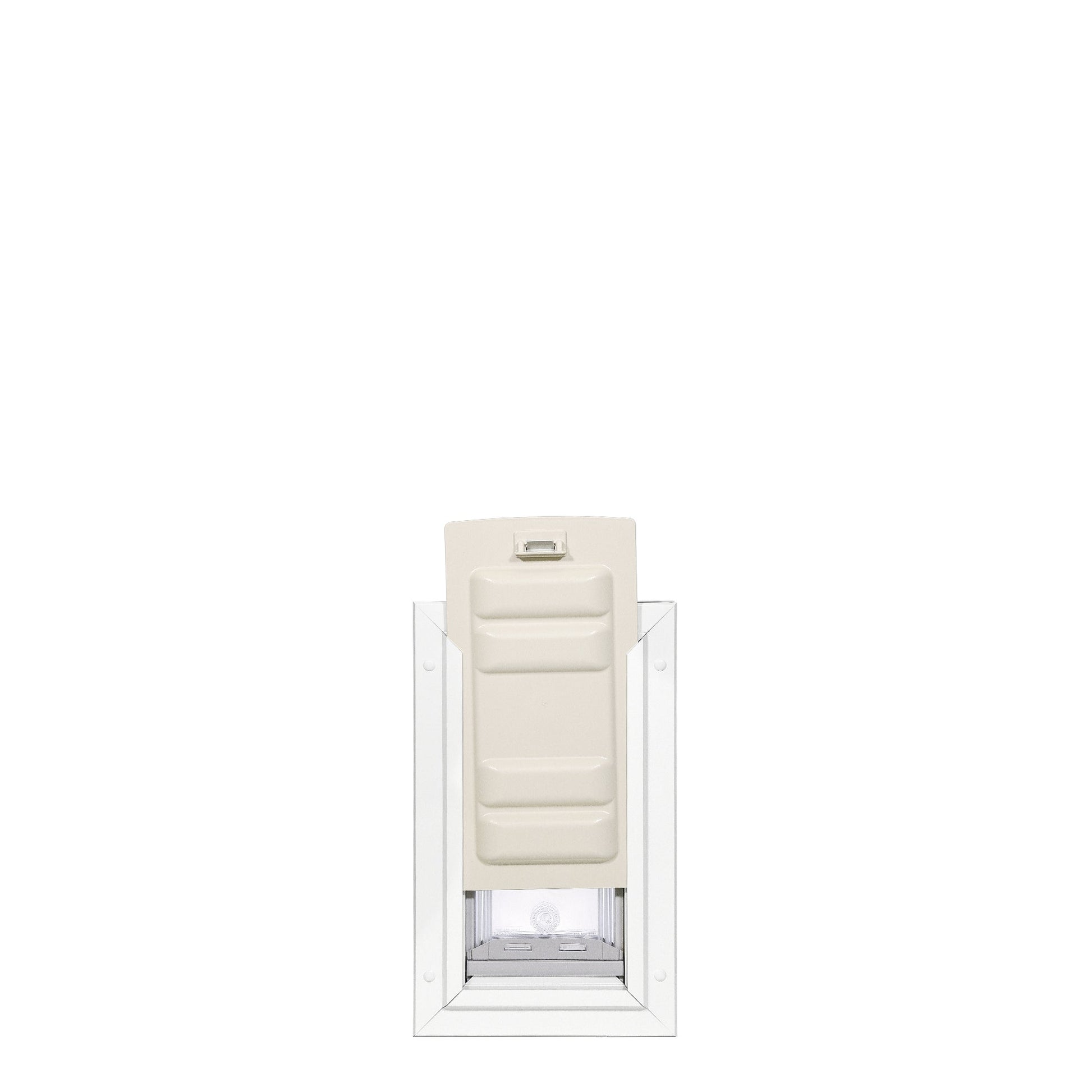 White pet door with a cream-colored cover.