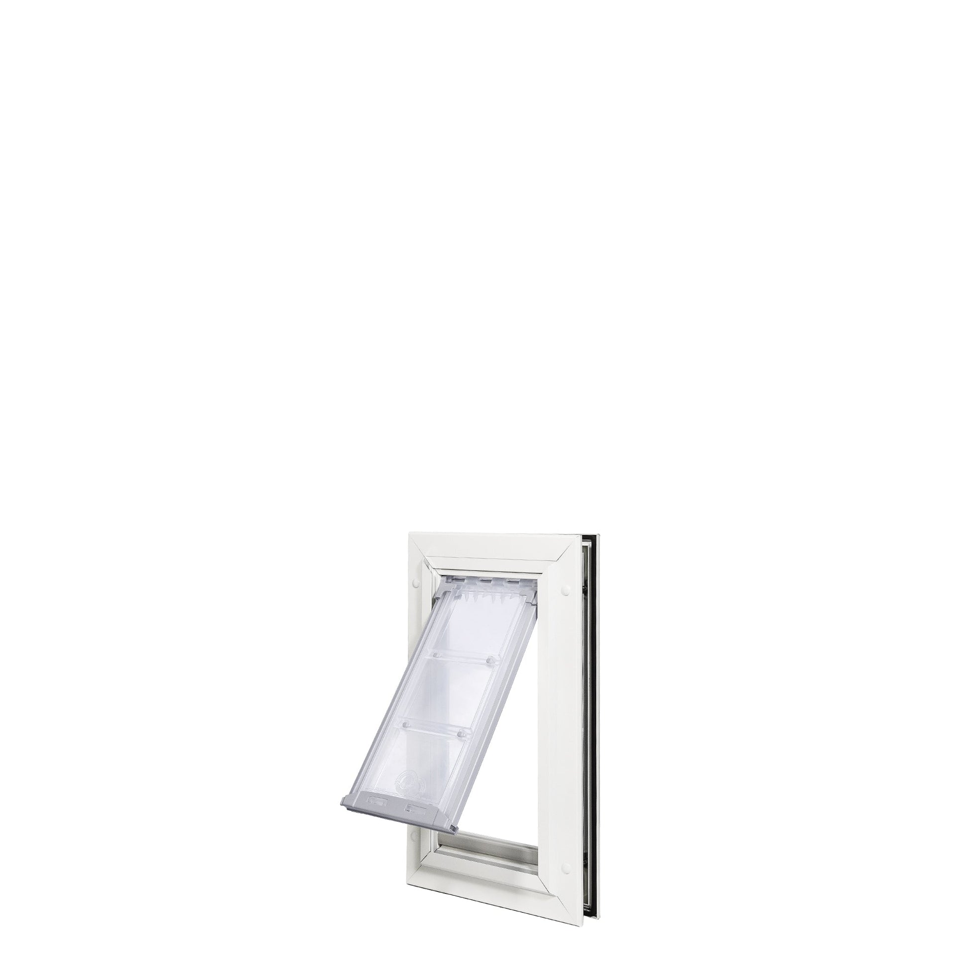 White-framed pet door with a partially open, transparent flap.