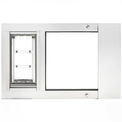 A white sliding glass door insert with a pet door._Color_White
