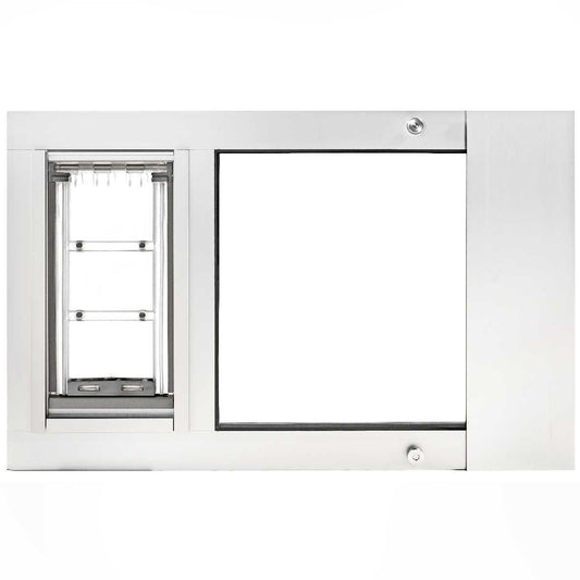 A white sliding glass door insert with a pet door._Color_White