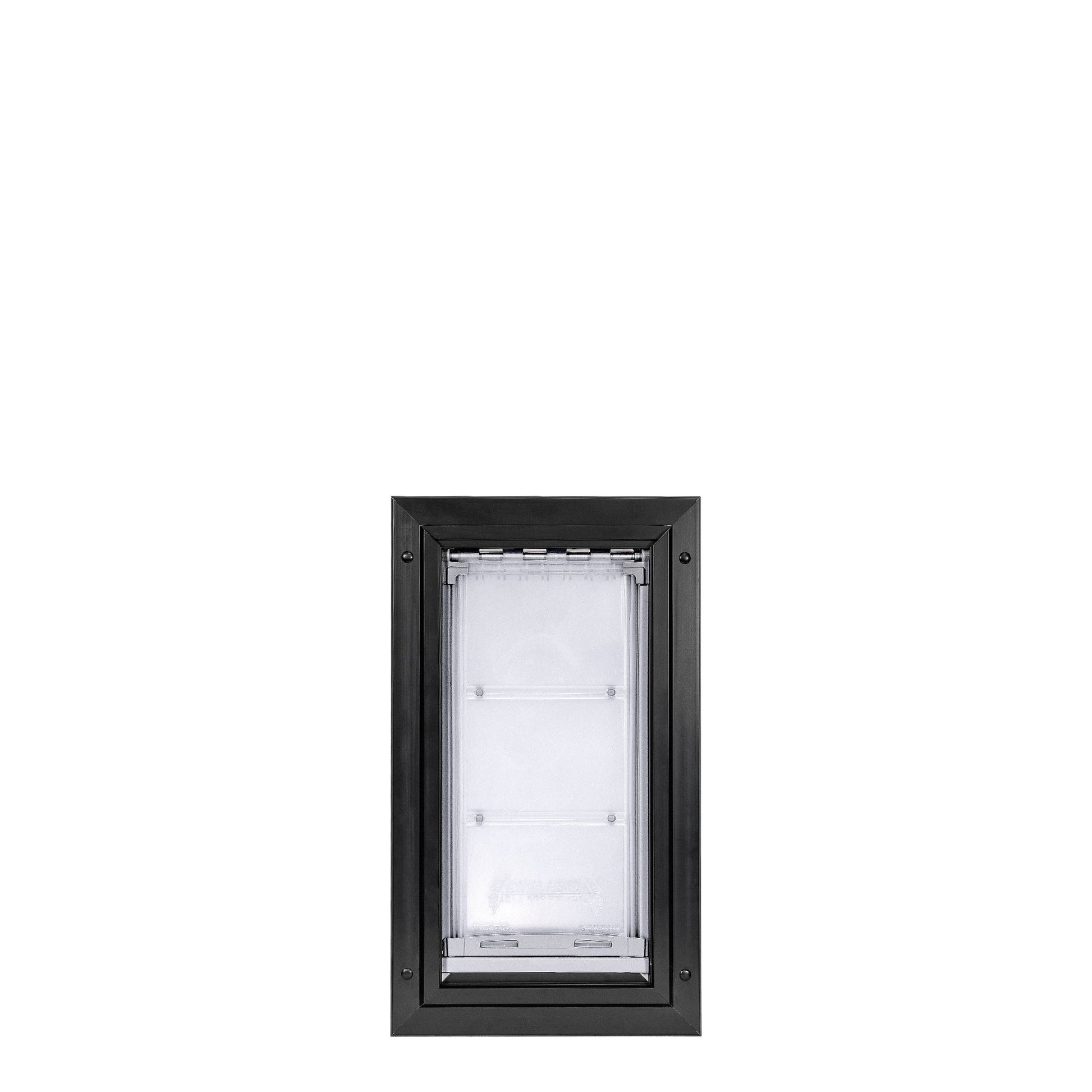 Black-framed dog door with a transparent flap.