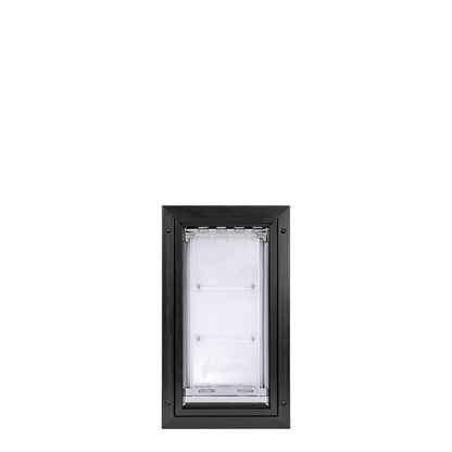 Black-framed dog door with a transparent flap.