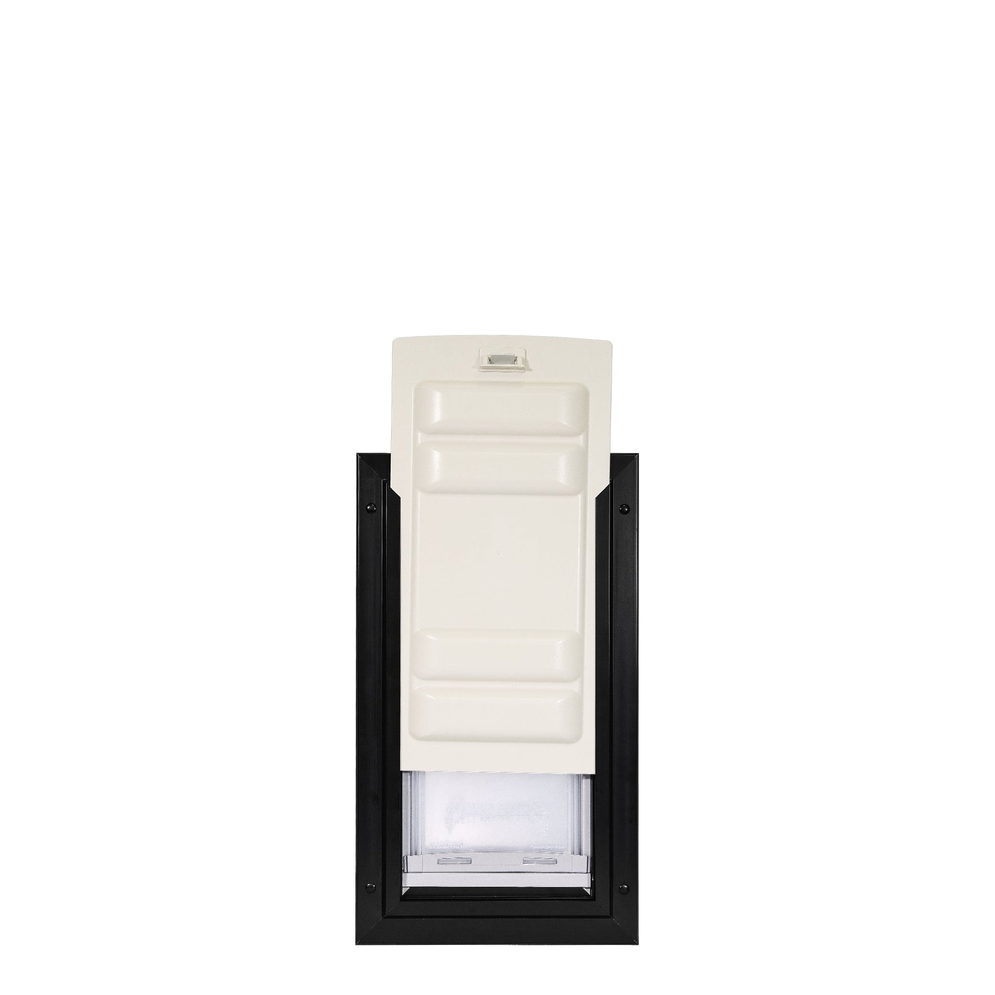 A pet door with a white sliding cover and a black frame.