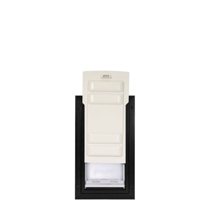 A pet door with a white sliding cover and a black frame.