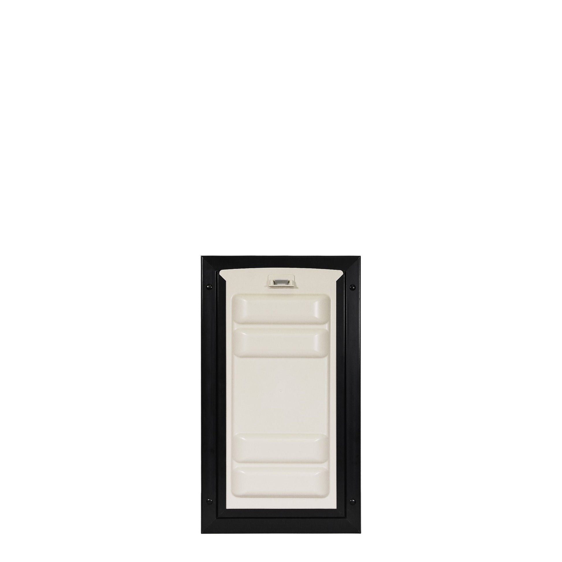 A portable toilet unit door is shown.