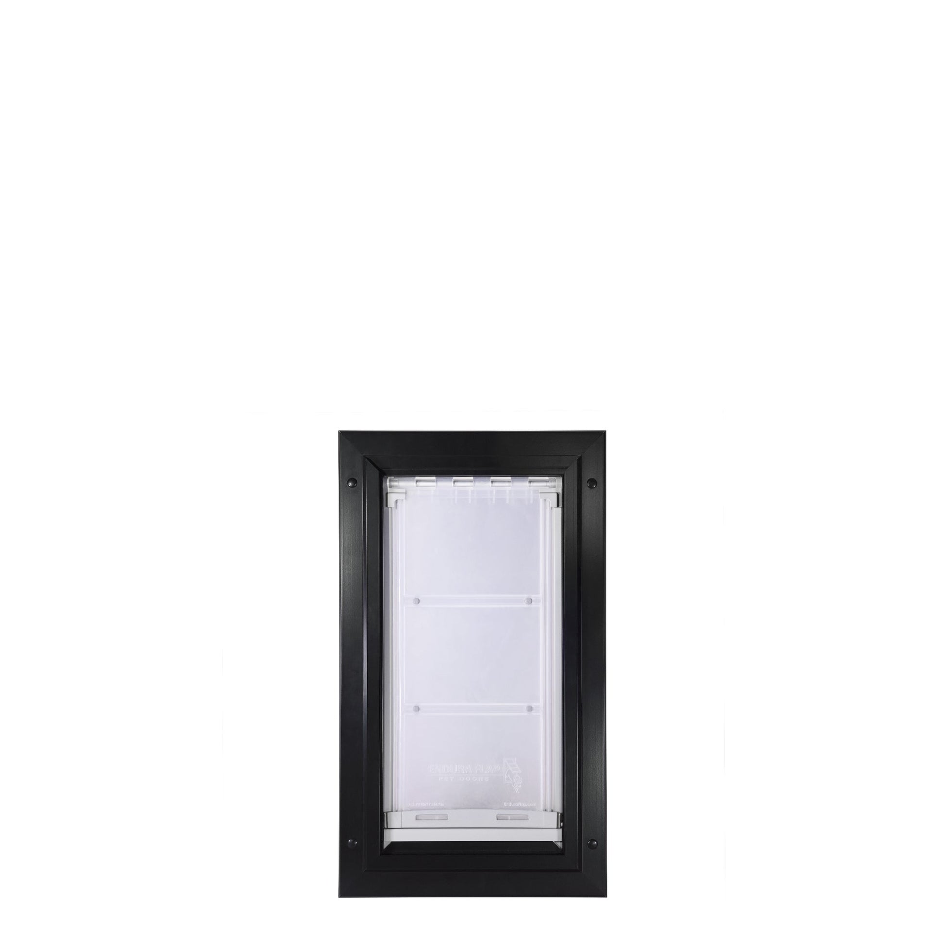 Black-framed pet door with a translucent flap.
