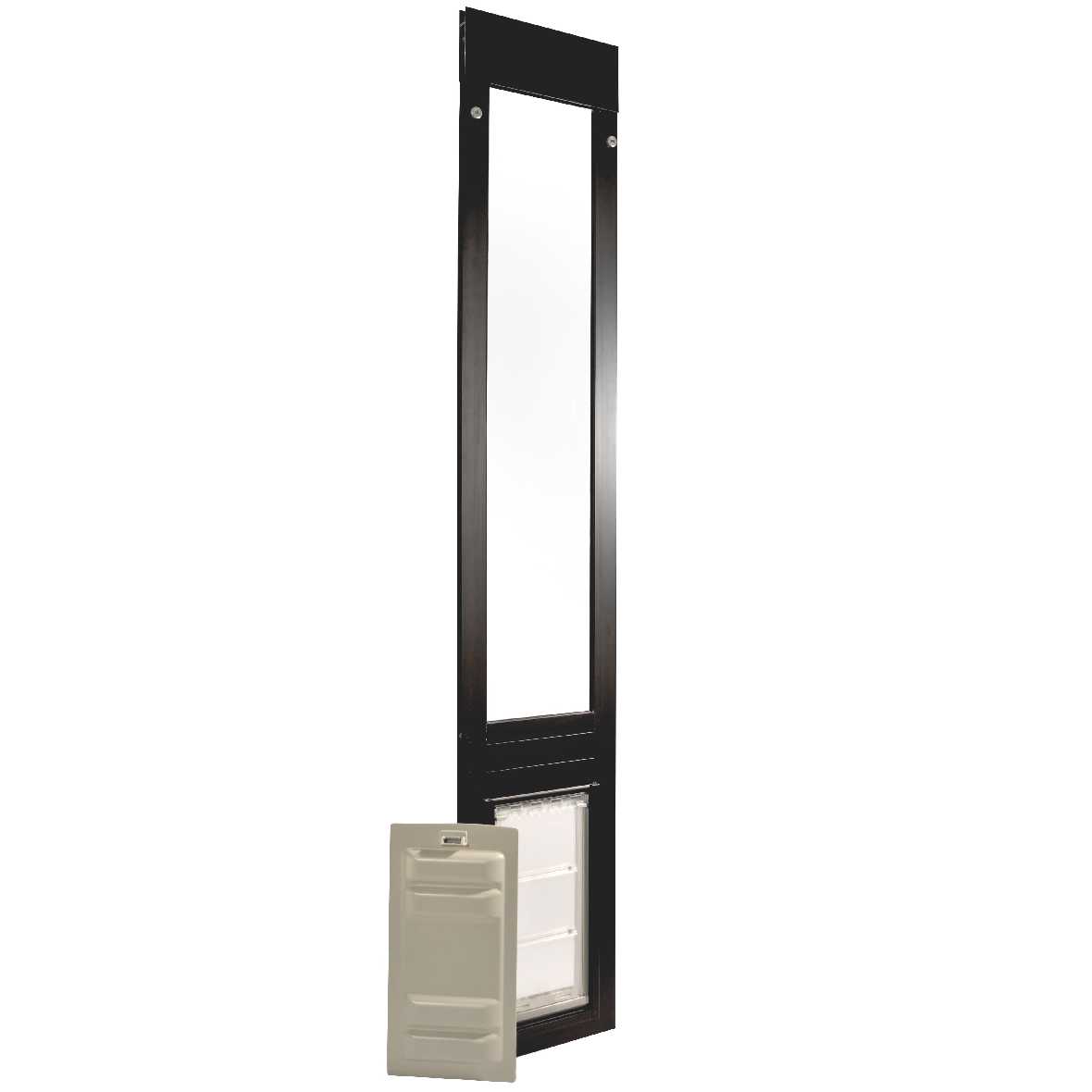 A patio door insert with a pet door and a separate pet door cover._Color_Black