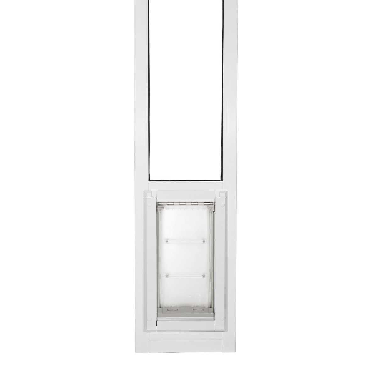 White dog door in a glass sliding door frame.
