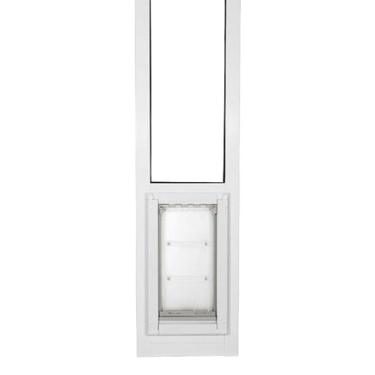 White dog door in a glass sliding door frame.