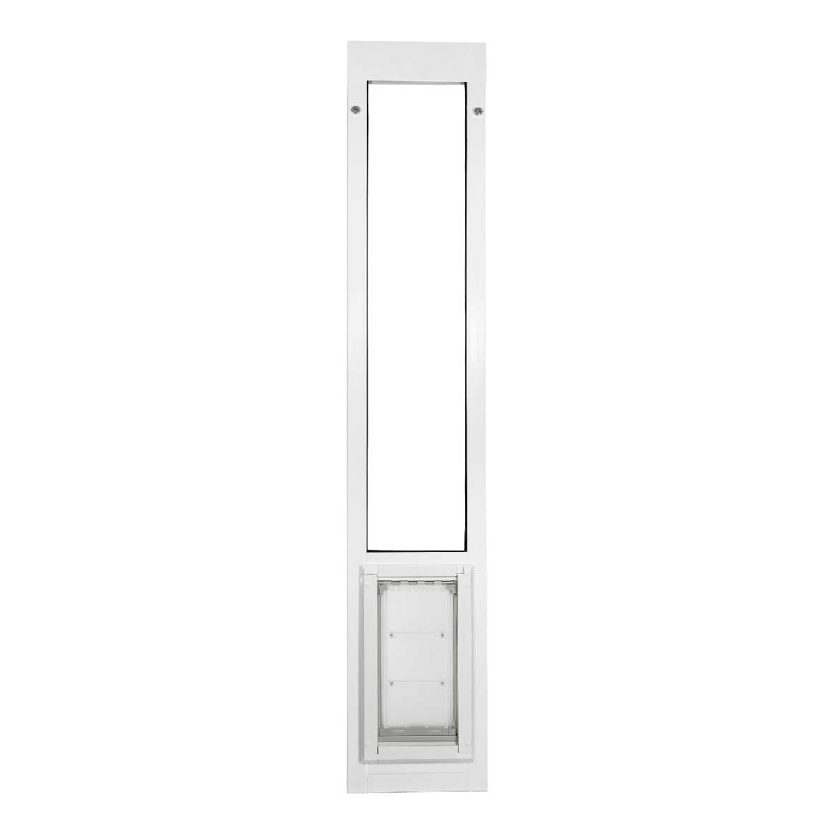 A white sliding glass door insert with a pet door at the bottom.