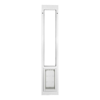 A white sliding glass door insert with a pet door at the bottom.