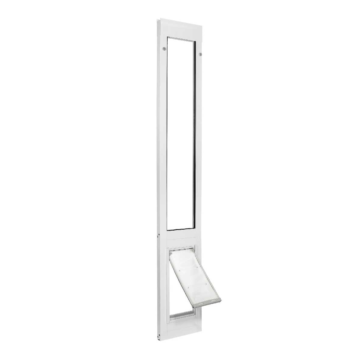 White pet door insert with a clear flap.