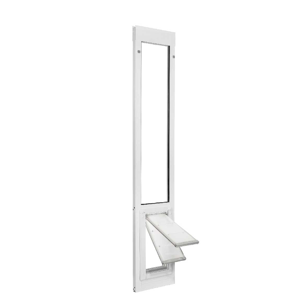 A white-framed sliding glass door insert with a pet door.